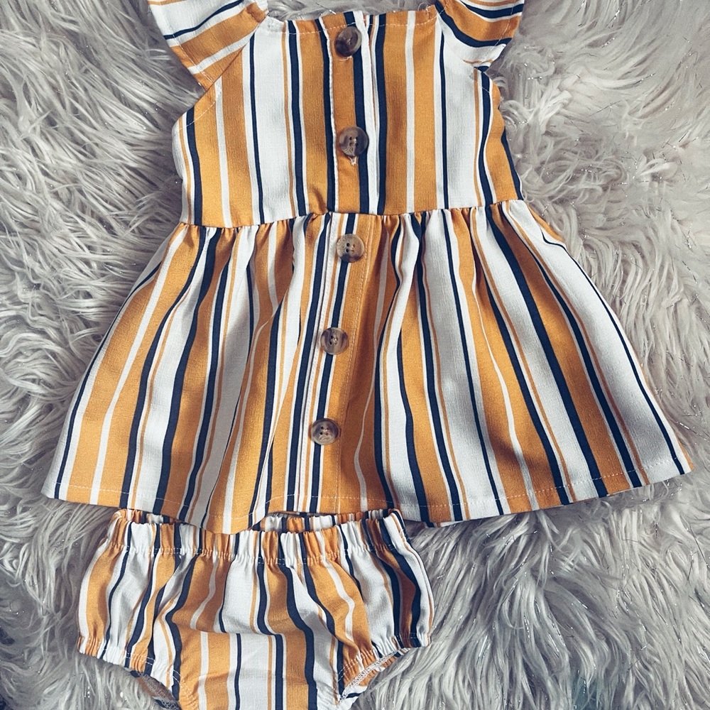 Striped Yellow and Blue Baby Dress with Bloomers